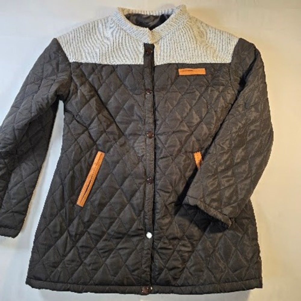 Womens Quilted Barn Jacket Brown Gray Knit Yoke Snap Front Mixed Media Coat